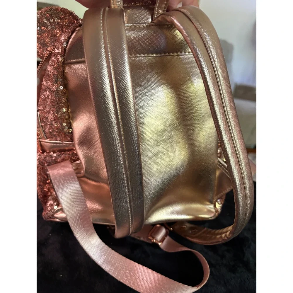 Disney Parks Loungefly Minnie Mouse Rose Gold Sequin Mini Backpack Bow Ears